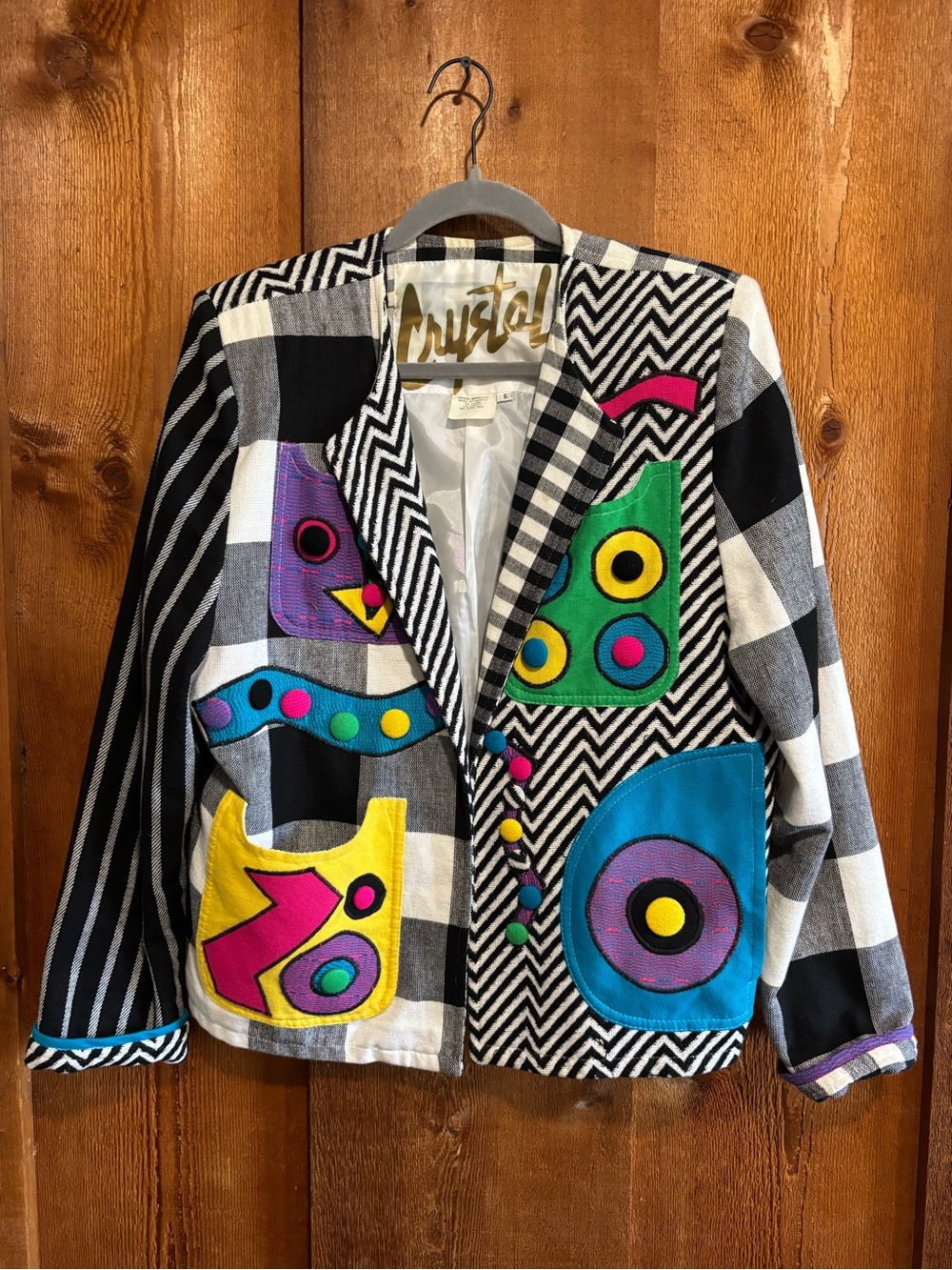 Vintage 80s Crystal Handwovens Art to Wear Blazer Memphis Abstract Patchwork S